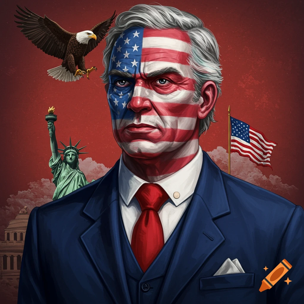 A man with an American flag painted on his face, with an eagle, Statue of Liberty, and US flag.