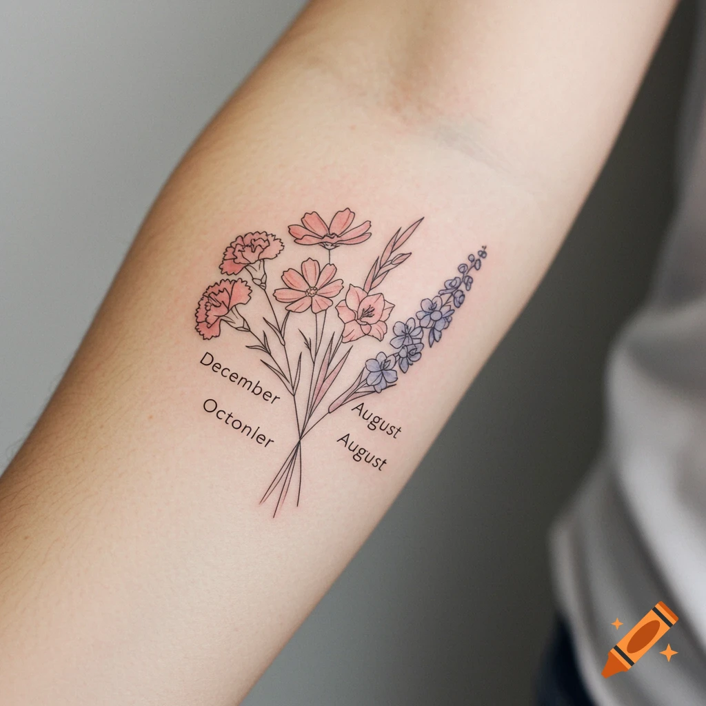 Minimalist tattoo of a flower bouquet with month names on an arm