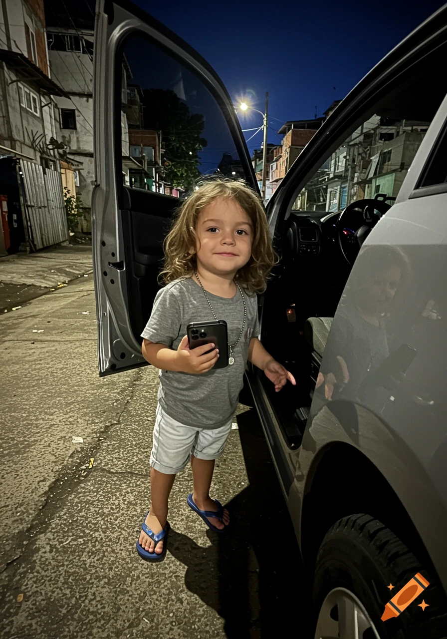 A young boy with long hair stands by an open car door on a street at night, holding a phone.