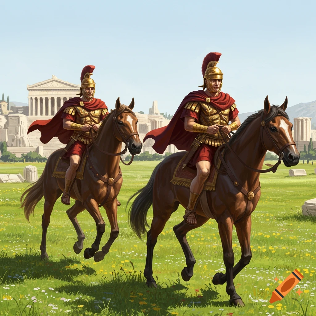 Two Roman soldiers on horseback ride through a grassy field past ancient ruins.