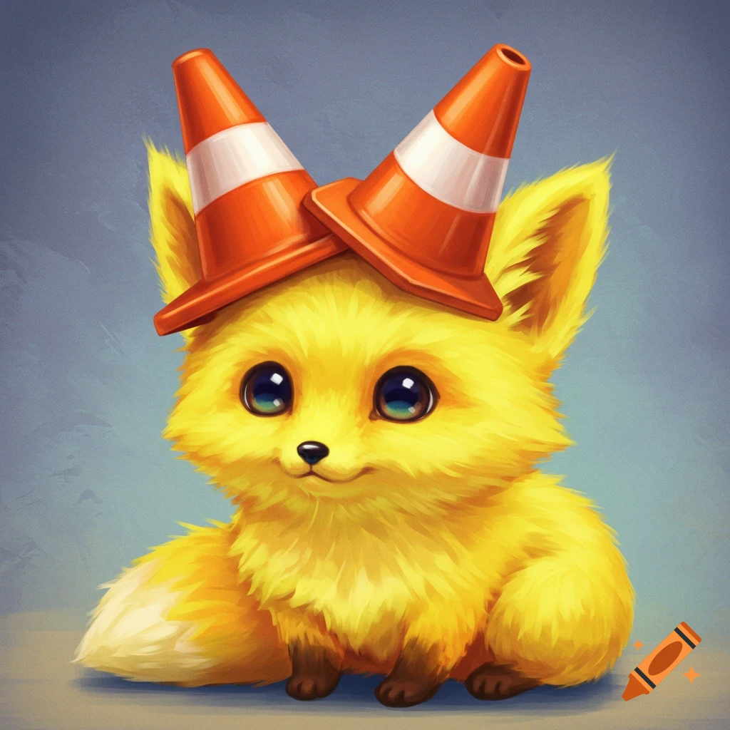 A cute yellow fox wearing two orange traffic cones.