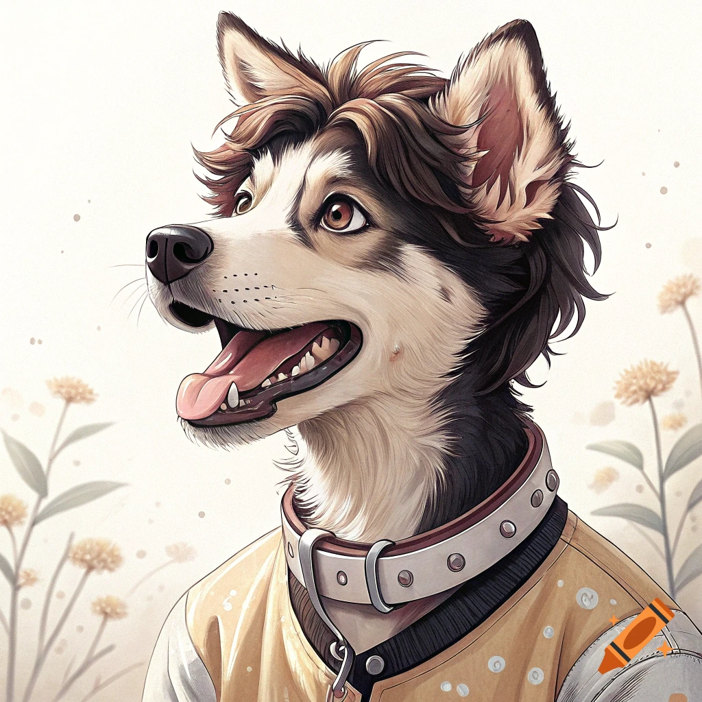 Illustration of an anthropomorphic husky dog wearing a yellow jacket