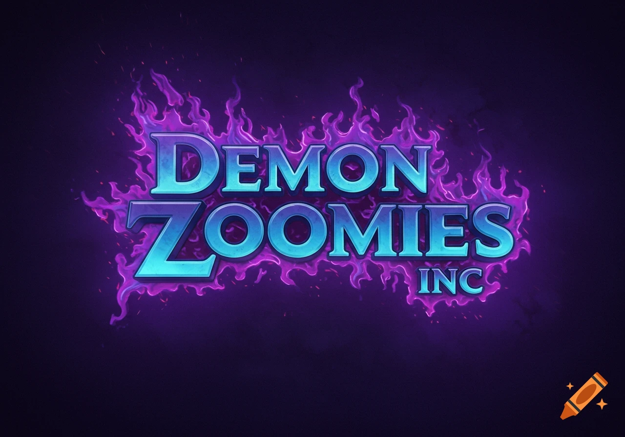 Logo with text 'DEMON ZOOMIES INC' in blue with purple flames on black background.