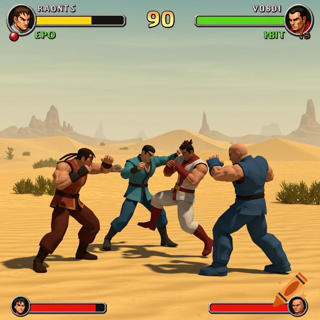 Screenshot of a 3D fighting game showing characters in a desert setting with game UI elements.