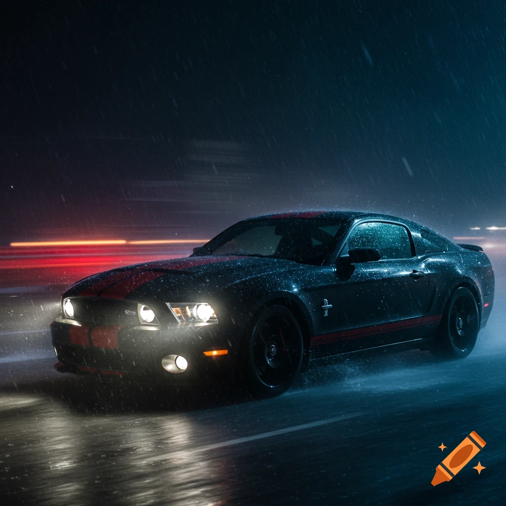 Black car with red stripes driving through heavy rain at night.