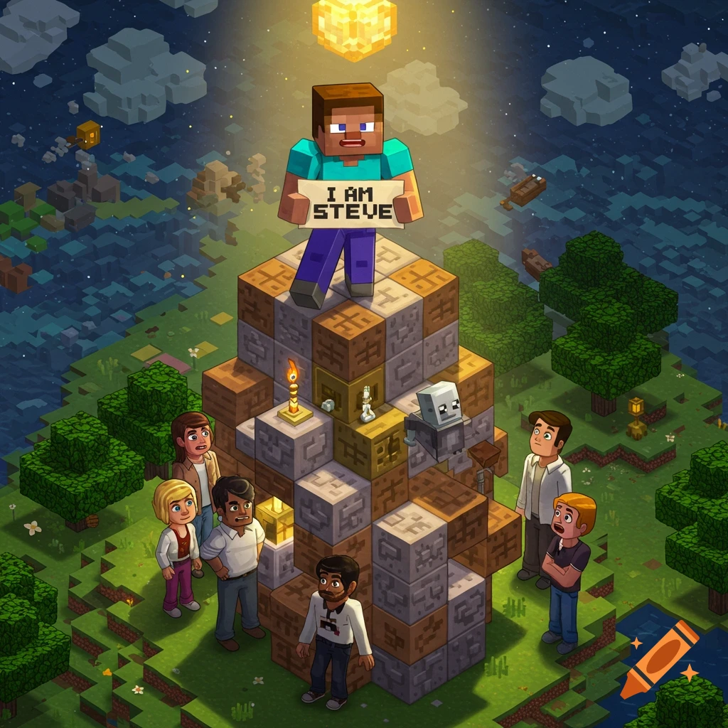 Minecraft Steve on a block tower holding an 'I AM STEVE' sign, watched by people in a blocky world.