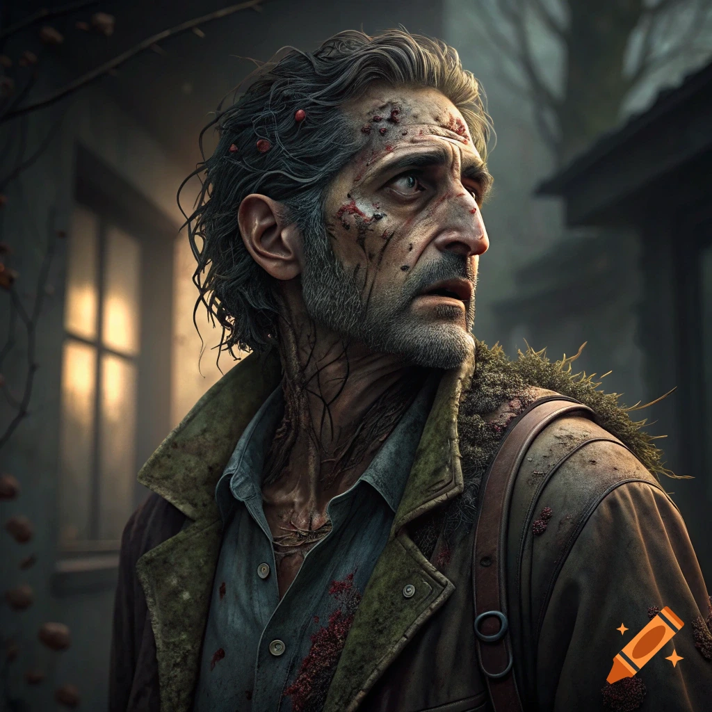 Portrait of a man with zombie features in a gritty setting