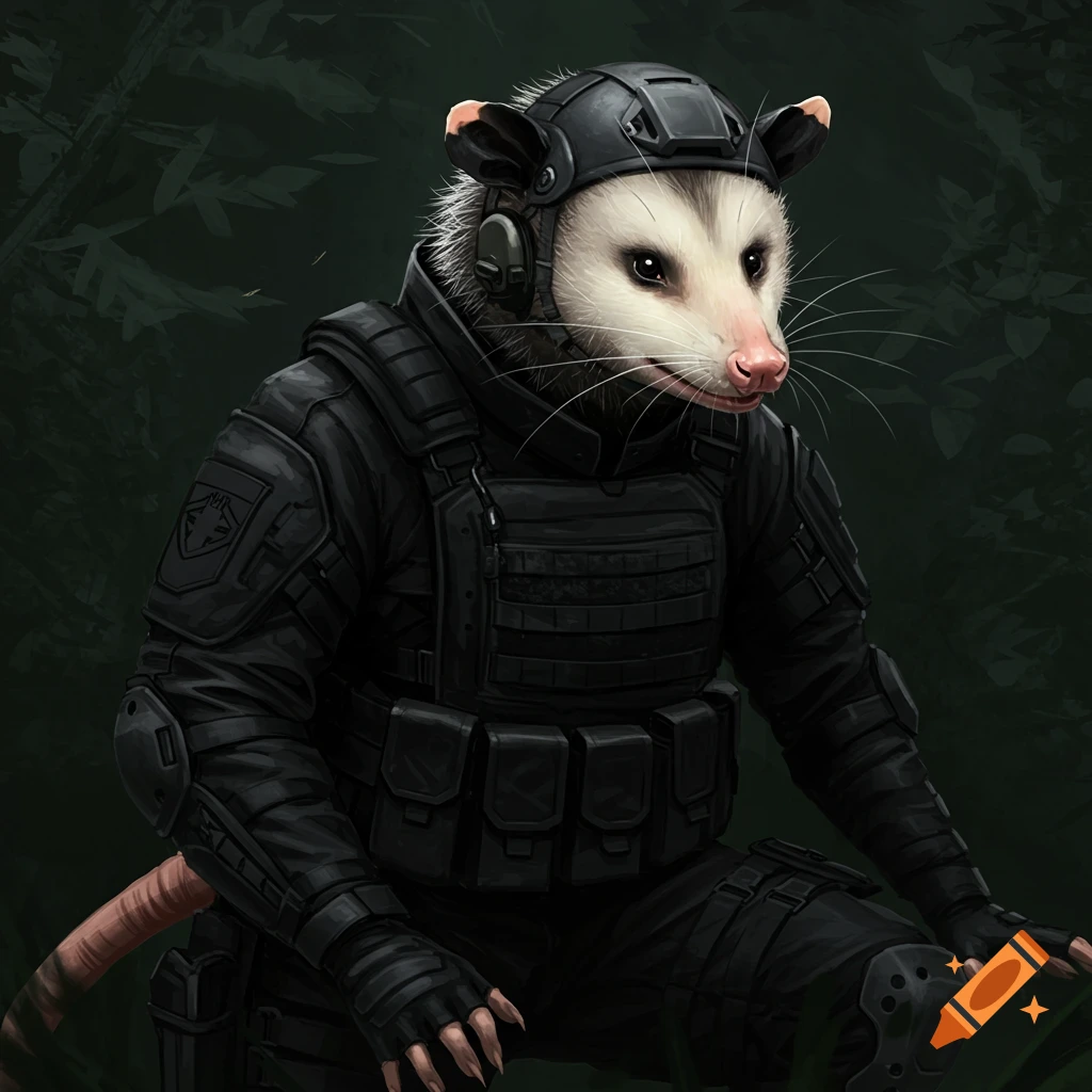 A possum wearing black tactical gear in a dark forest.