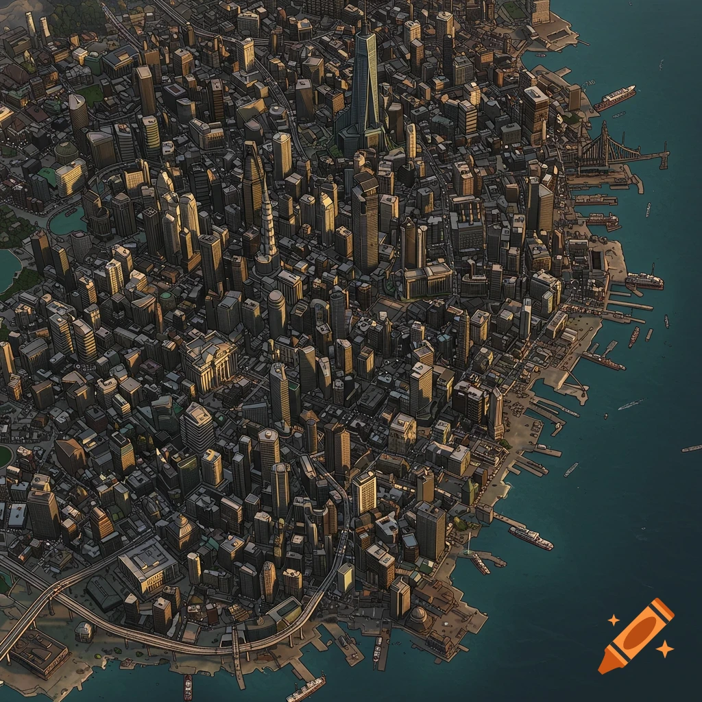 Aerial view of a dense coastal city with tall skyscrapers, a bridge, and ships, in a stylized illustrated art style.