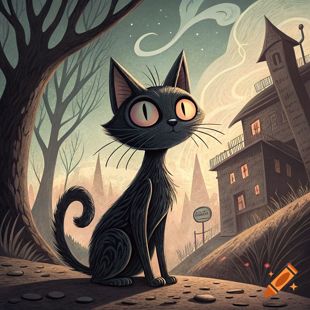 Cartoon black cat sits in a spooky landscape with a haunted house and bare trees, rendered in a stylized animation style.