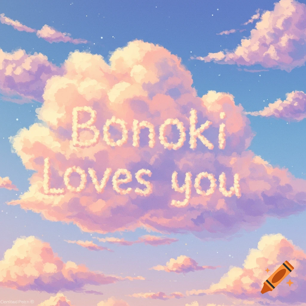 Clouds forming the text 'Bonoki Loves you' in a pink and purple sky