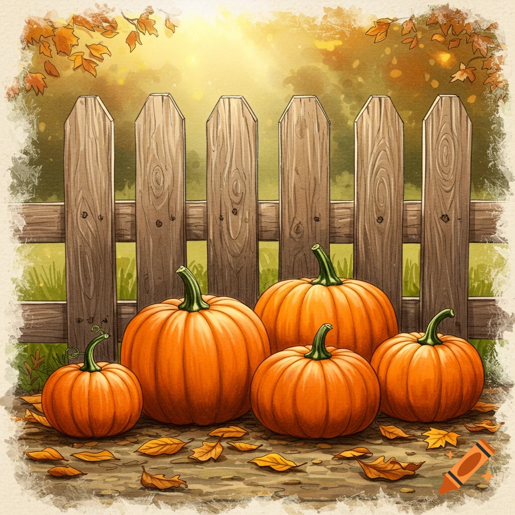 A drawing in the style of a pencil drawing shows orange pumpkins and fallen leaves in front of a wooden fence.