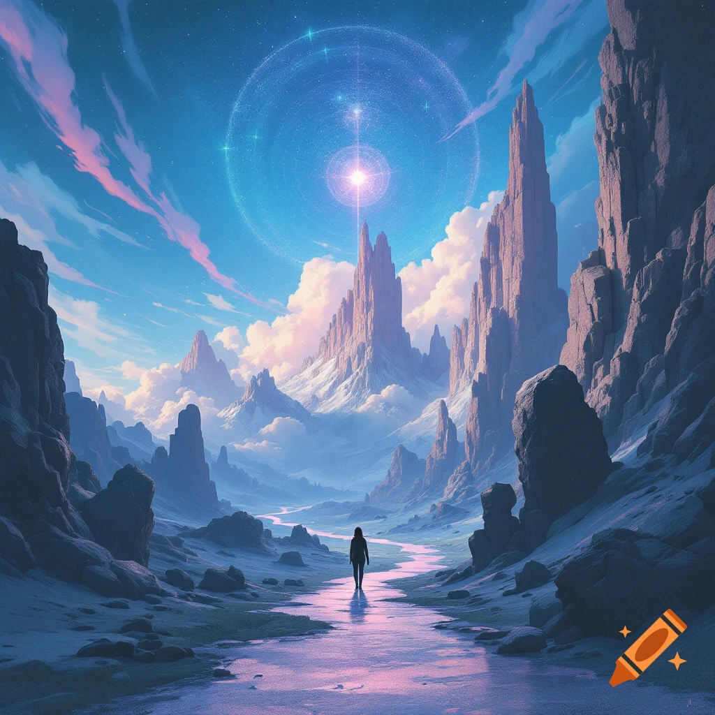 A figure walks along a glowing river through a snowy mountain valley under a bright celestial ring and stars, digital art.