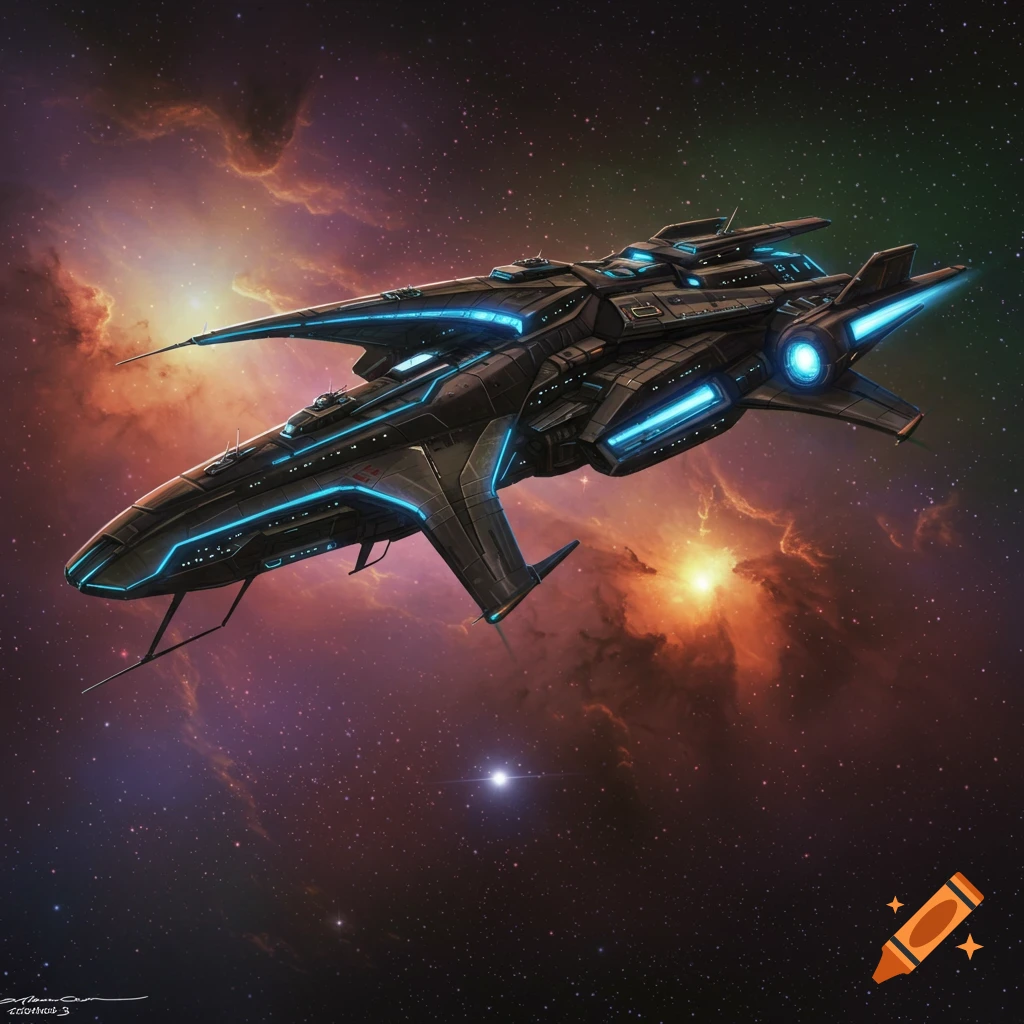A detailed depiction of a futuristic spaceship with blue glowing lights flying through a colorful nebula in space.