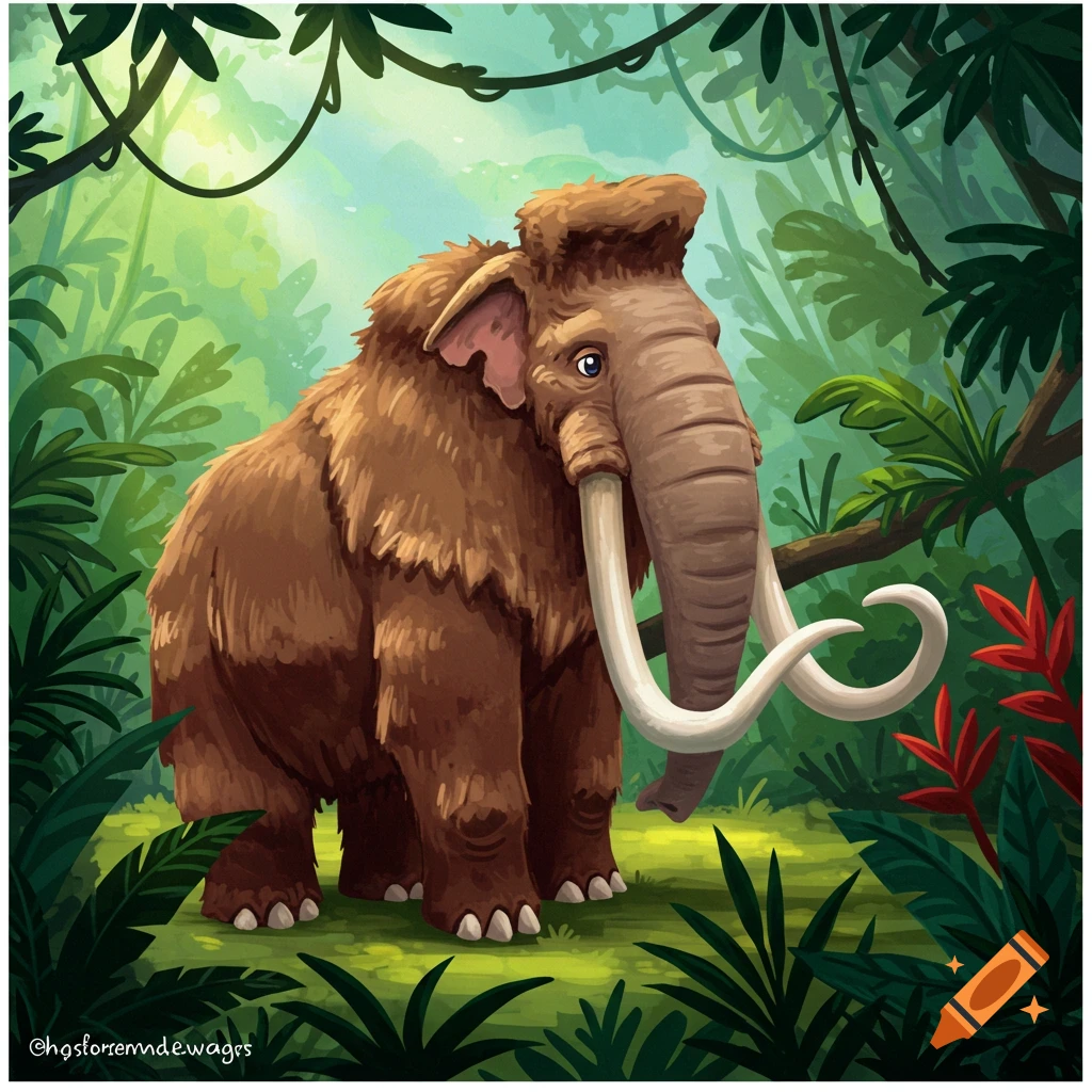 A brown furry mammoth-like creature with large tusks stands in a green jungle.