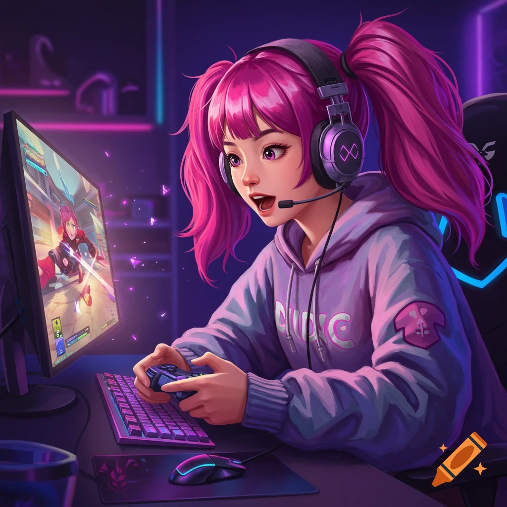 A girl with pink hair and headset playing a video game