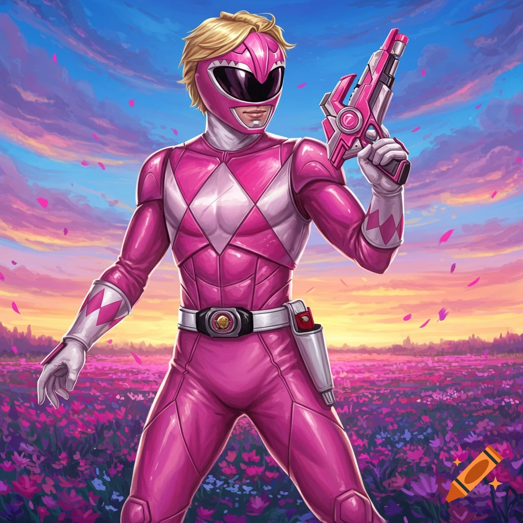 A blonde male Pink Power Ranger stands in a field of flowers at sunset, holding a blaster.