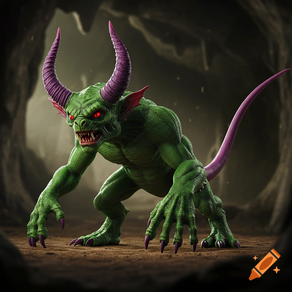 A green monster with purple horns and tail crouches in a cave.