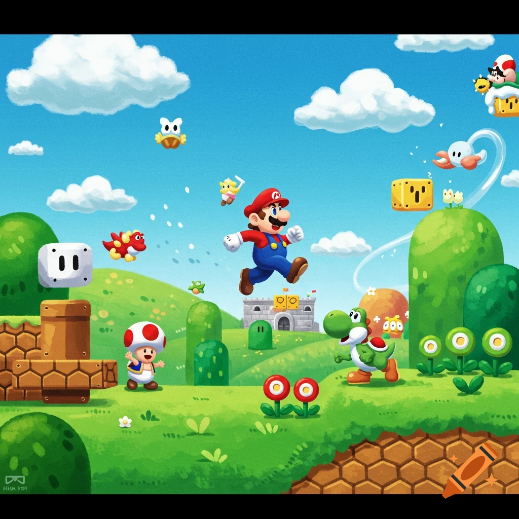Super Mario, Yoshi, and Toad in a vibrant video game level with blocks and enemies.