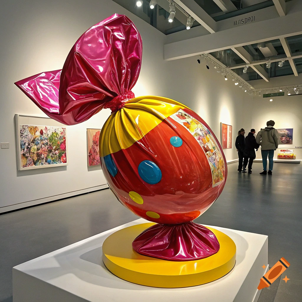 Large colorful candy sculpture on display in an art gallery