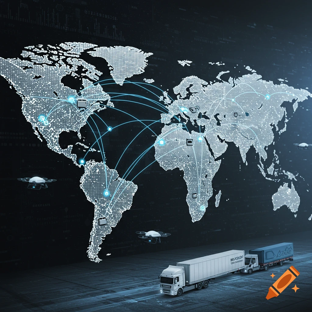 Digital illustration of a global logistics network map with glowing connections, featuring a truck and drones.
