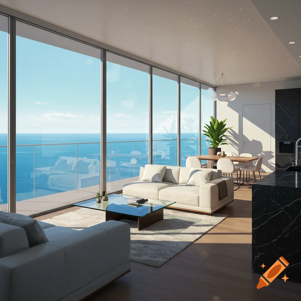 A modern penthouse living room overlooking the ocean