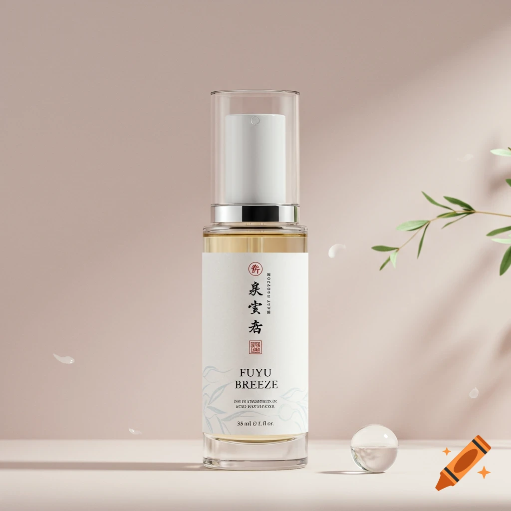 A product bottle with a white label in a minimalist setting.