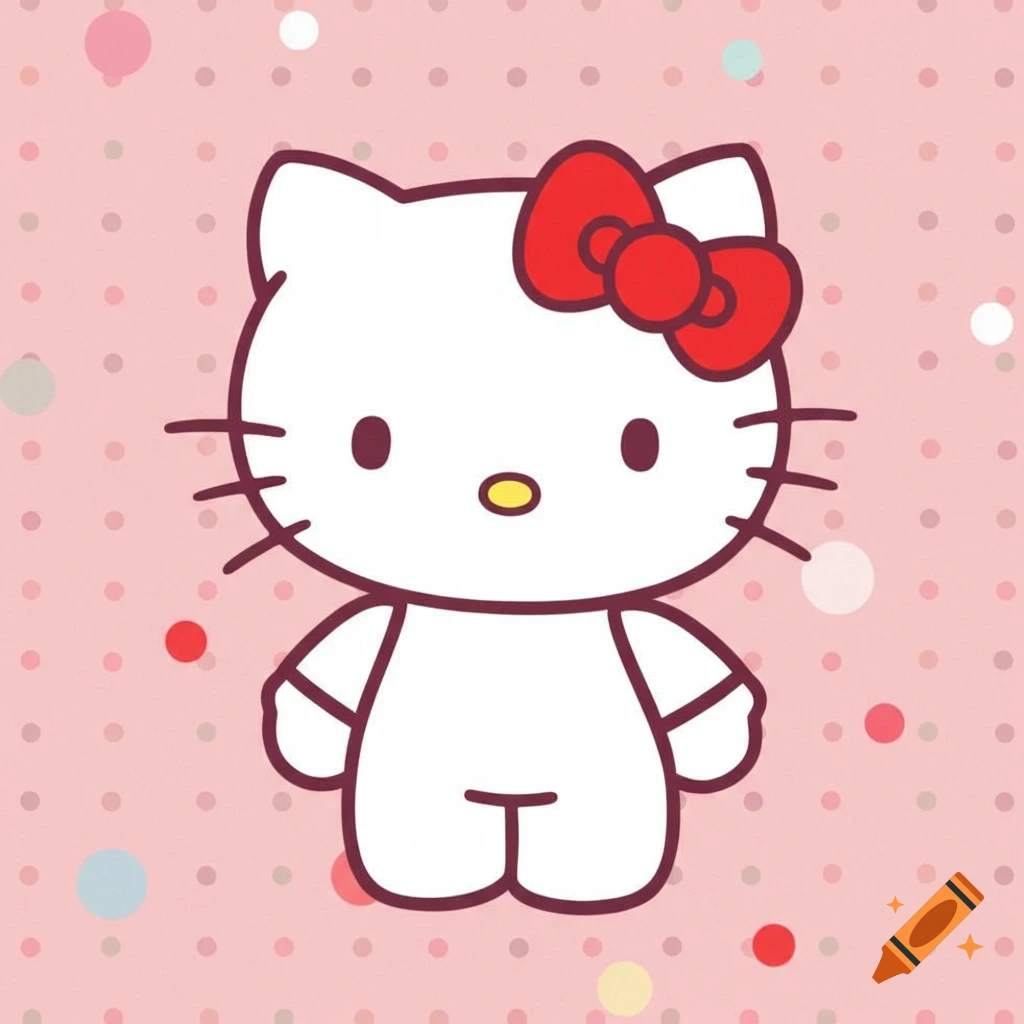 Illustration of the cartoon character Hello Kitty on a pink background with dots.