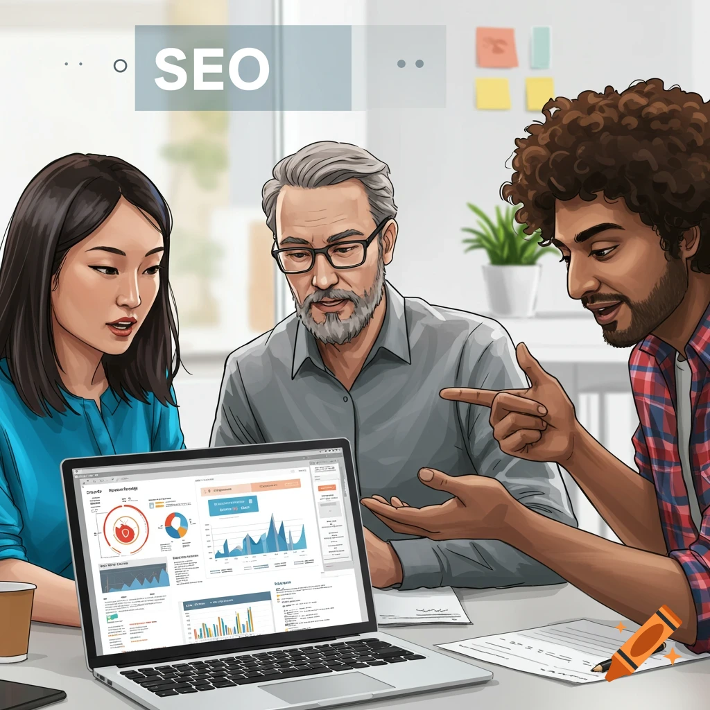 Three people discussing an SEO project on a laptop.