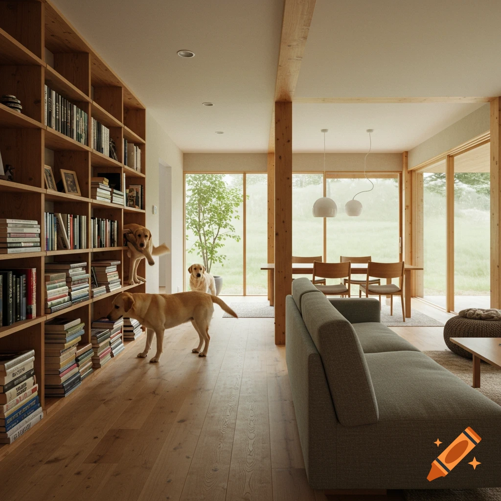 Two Labrador dogs in a modern Japanese house interior with a large bookshelf.