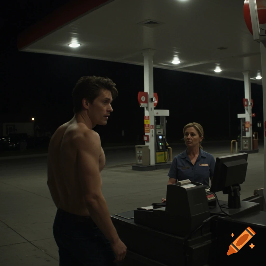 A shirtless man talks to a cashier at a gas station counter at night.