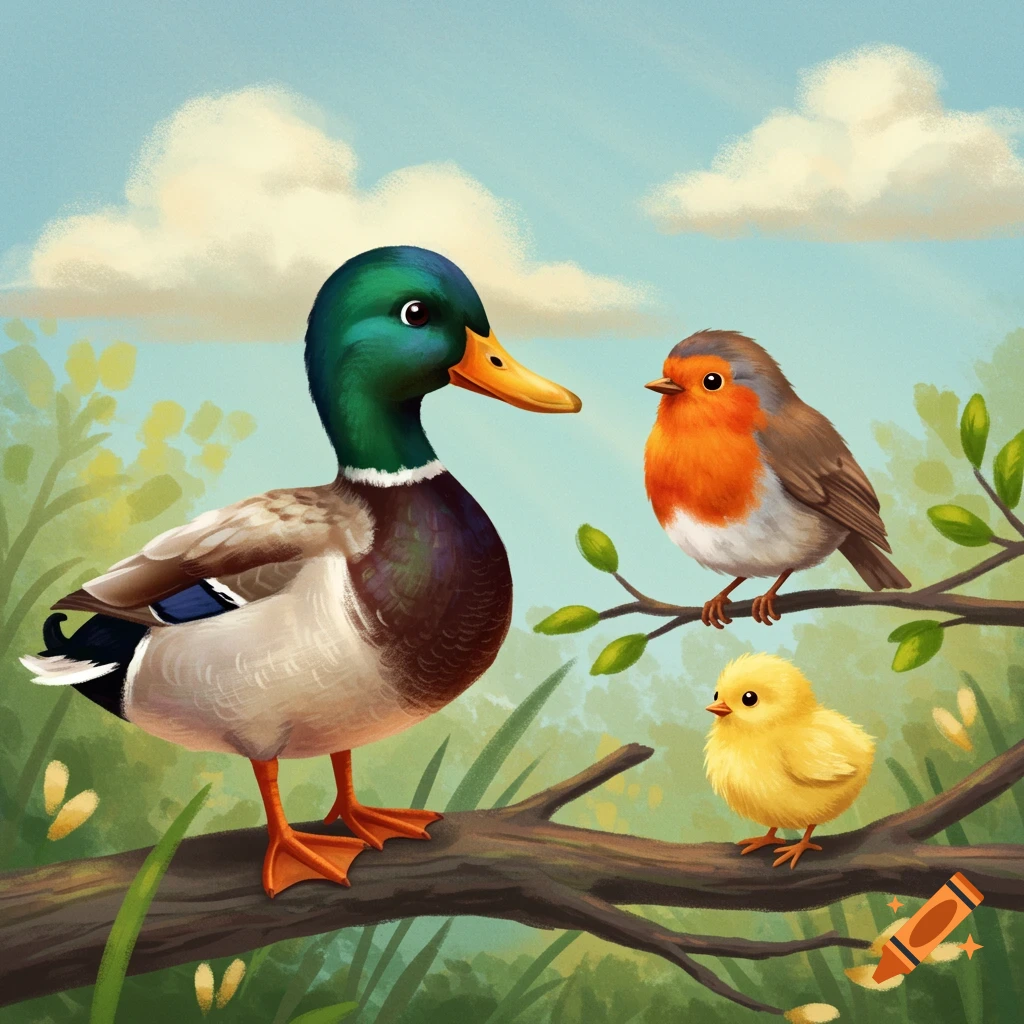 A mallard duck, robin, and chick sit on a branch in an illustrative spring scene.