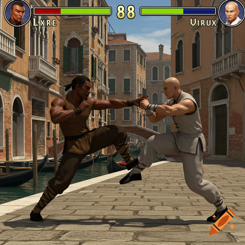 Two characters fight in a PS2-style 3D fighting game, set in Venice with health bars and score UI.