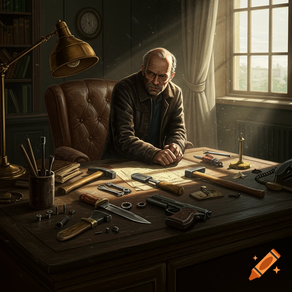 An old man sitting at a desk with tools and weapons.