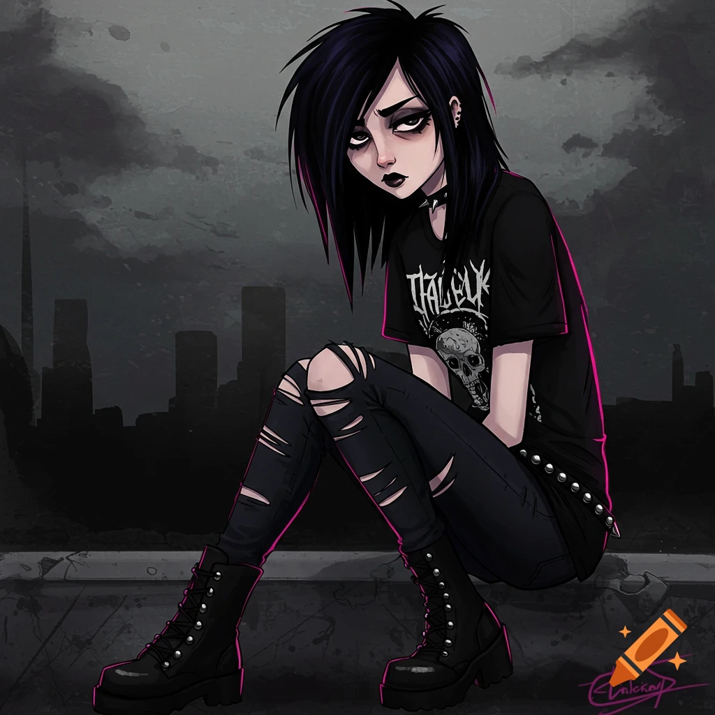 A moody girl with dark hair and makeup, wearing ripped jeans, band t-shirt, and boots, is seated against a city skyline.