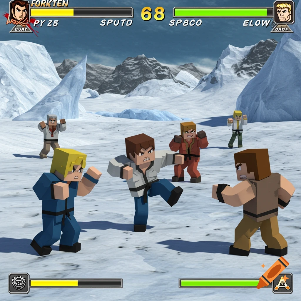 3D fighting game with block characters in a snowy arena