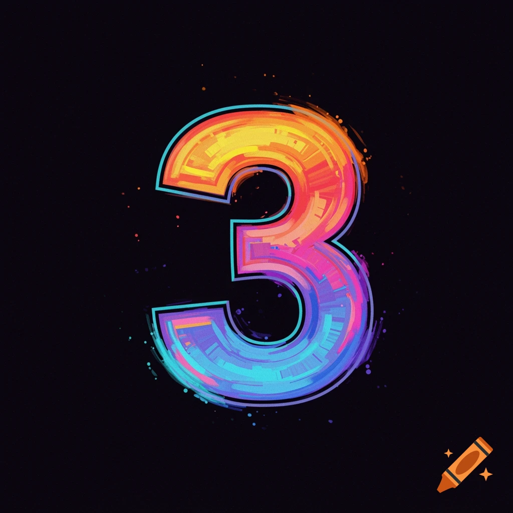 Stylized number 3 in vibrant neon colors on a black background.