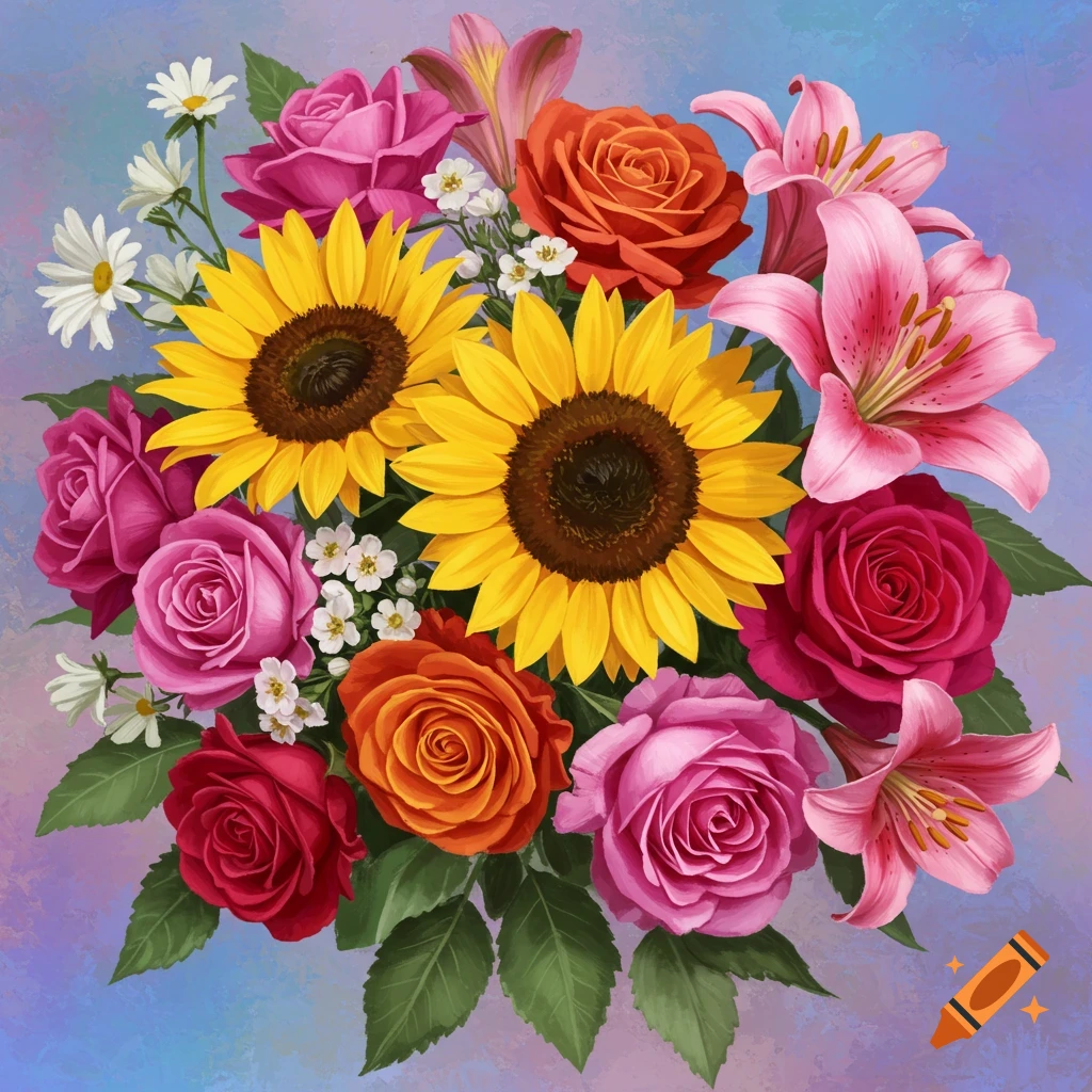 A vibrant bouquet of sunflowers, roses, lilies, and daisies.