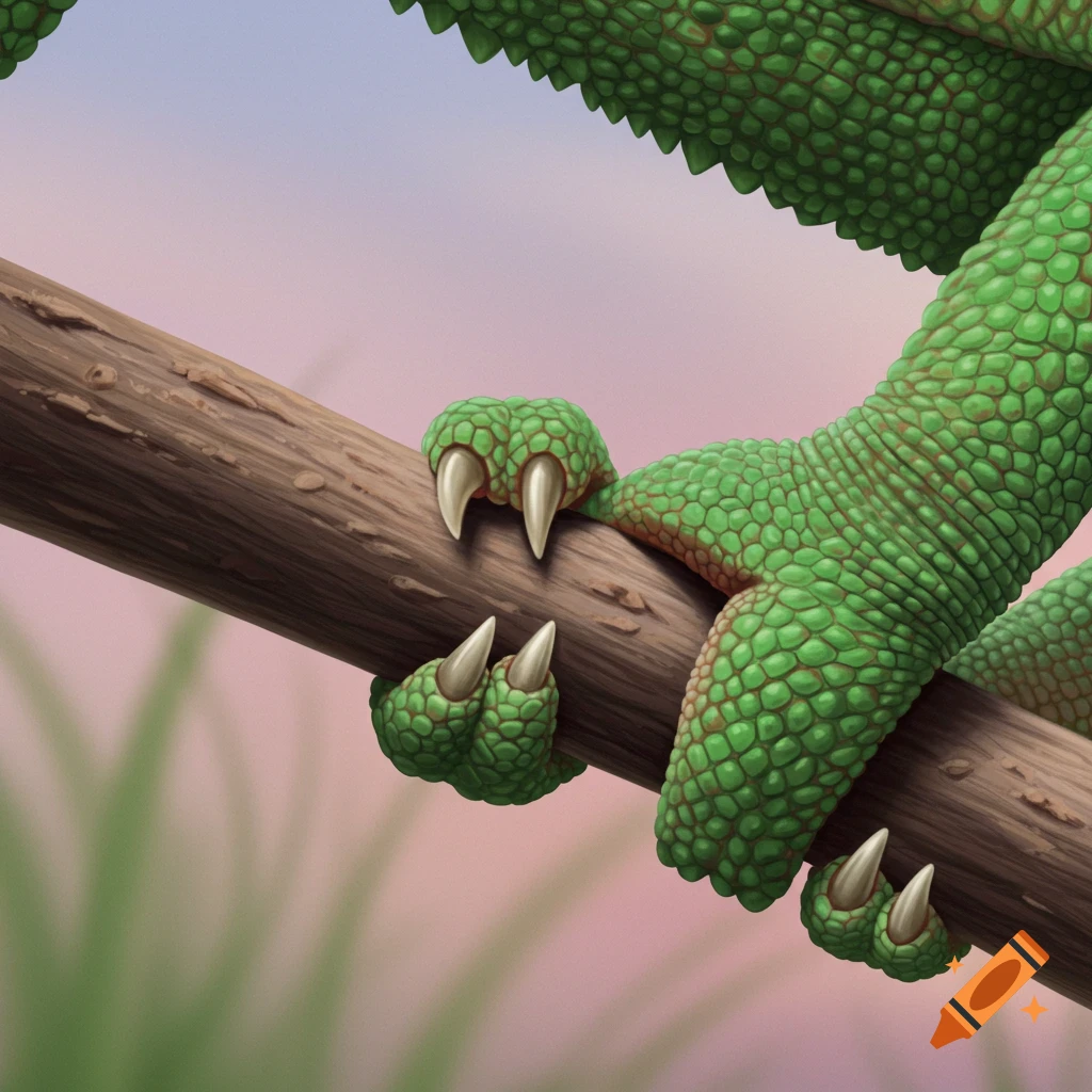 Close-up of green chameleon feet holding onto a branch