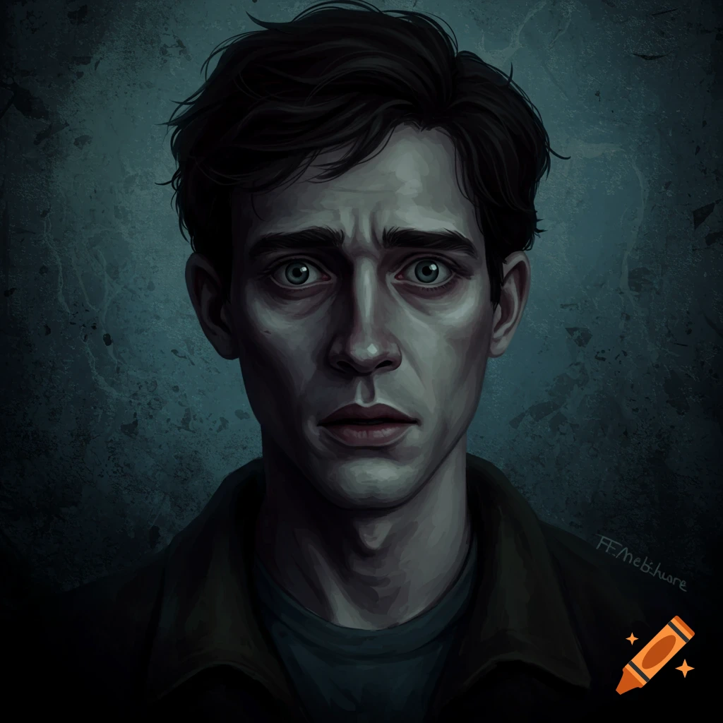 A portrait of a young man with a distressed expression against a dark background.