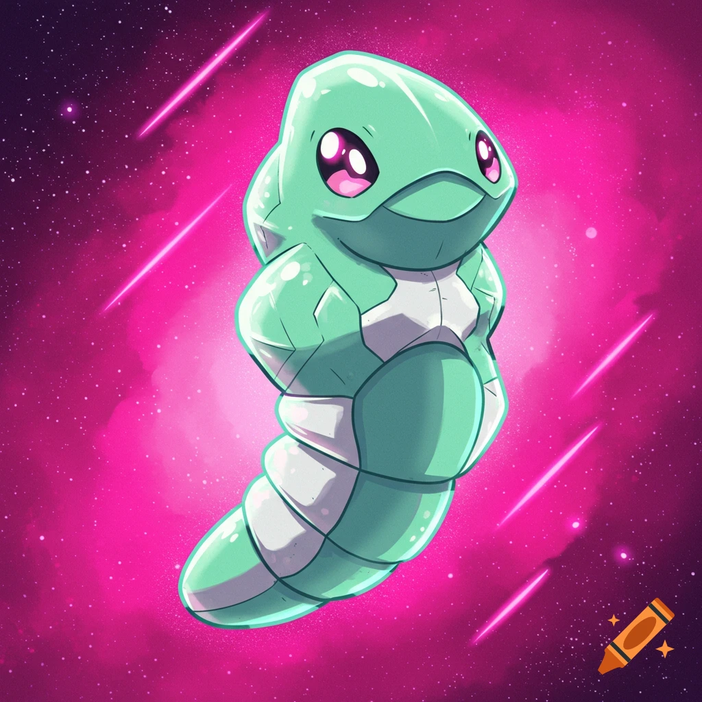 A cartoon Metapod floats in space with pink shooting stars.