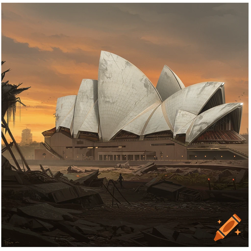 The Sydney Opera House stands in a ruined, post-apocalyptic landscape under an orange sky.