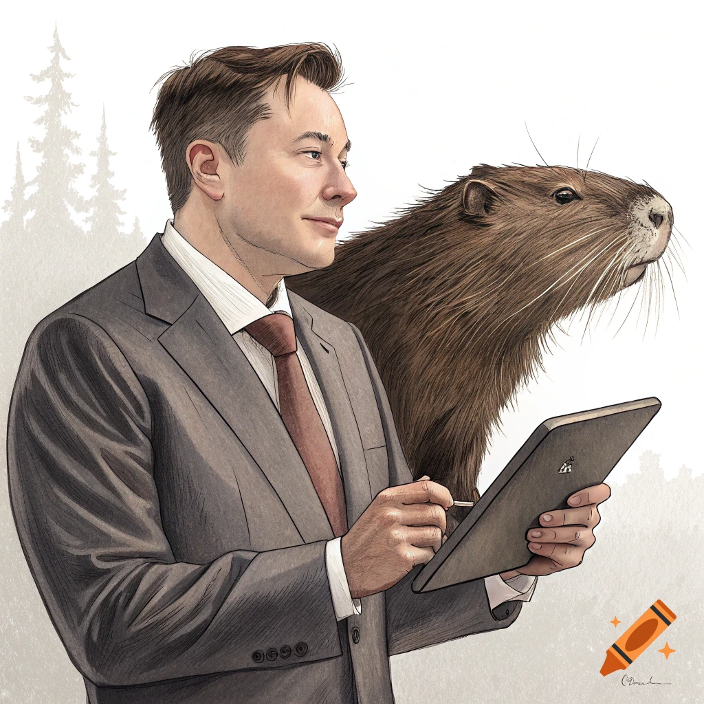 Illustration of Elon Musk in a suit standing next to a beaver, holding a tablet.