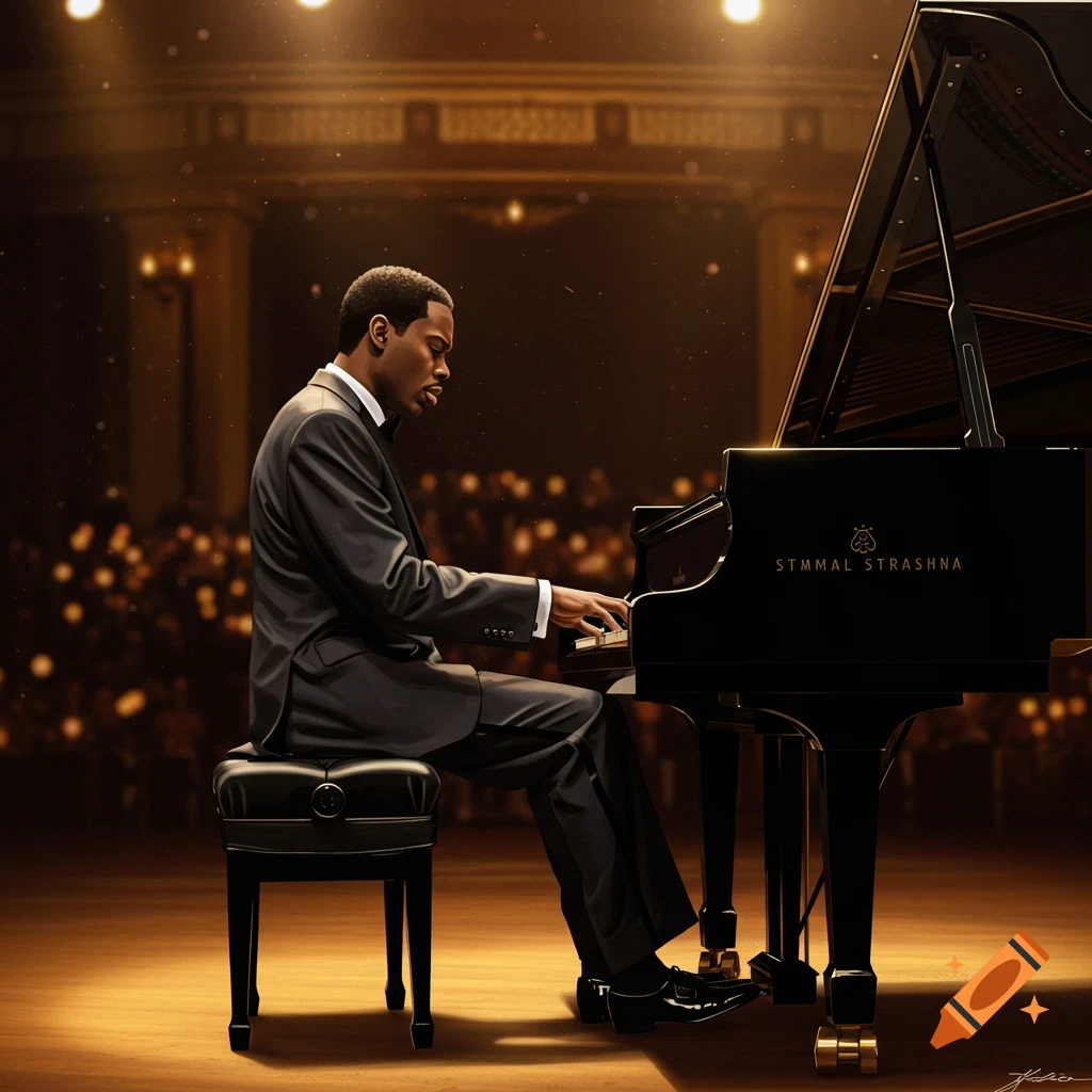 A Black man in a suit plays a grand piano on a stage.