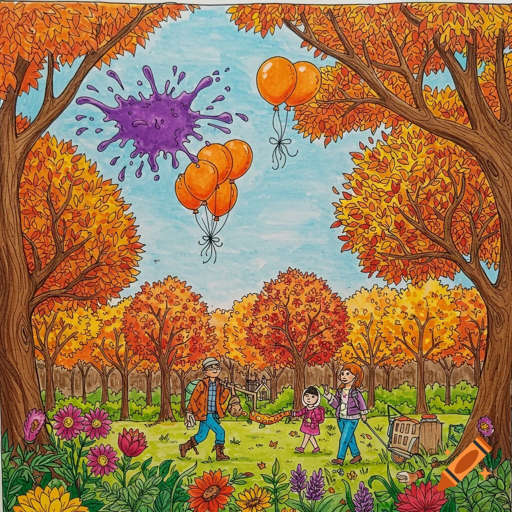 Illustration of a family walking in an autumn park with orange balloons and a purple splash in the sky.