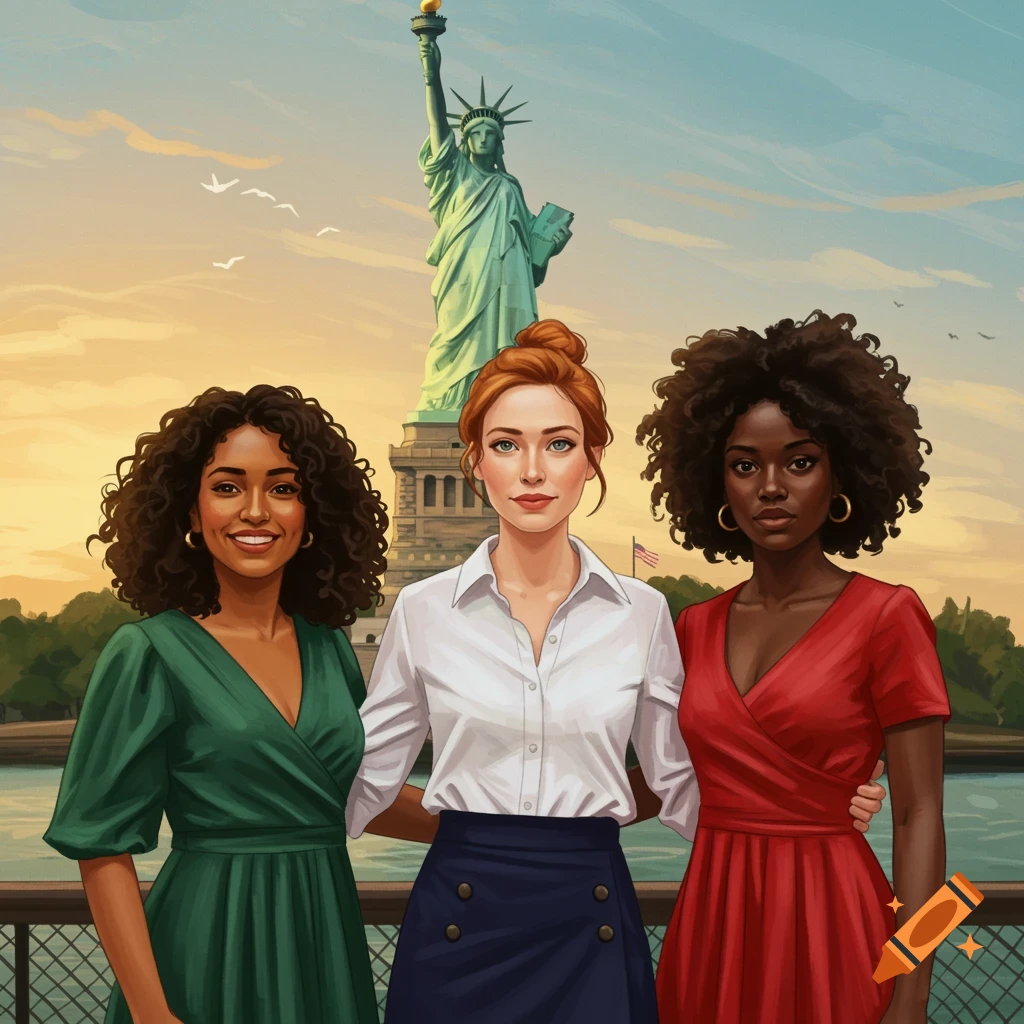 Three women standing in front of the Statue of Liberty.