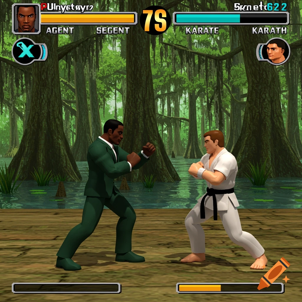 Screenshot from a 3D fighting game with PS2 graphics, showing a secret agent fighting a karate fighter in a louisiana bayou.