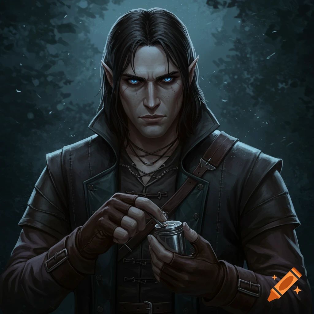 A dark-haired male fantasy character with glowing blue eyes, wearing a leather coat and holding a small metal object.