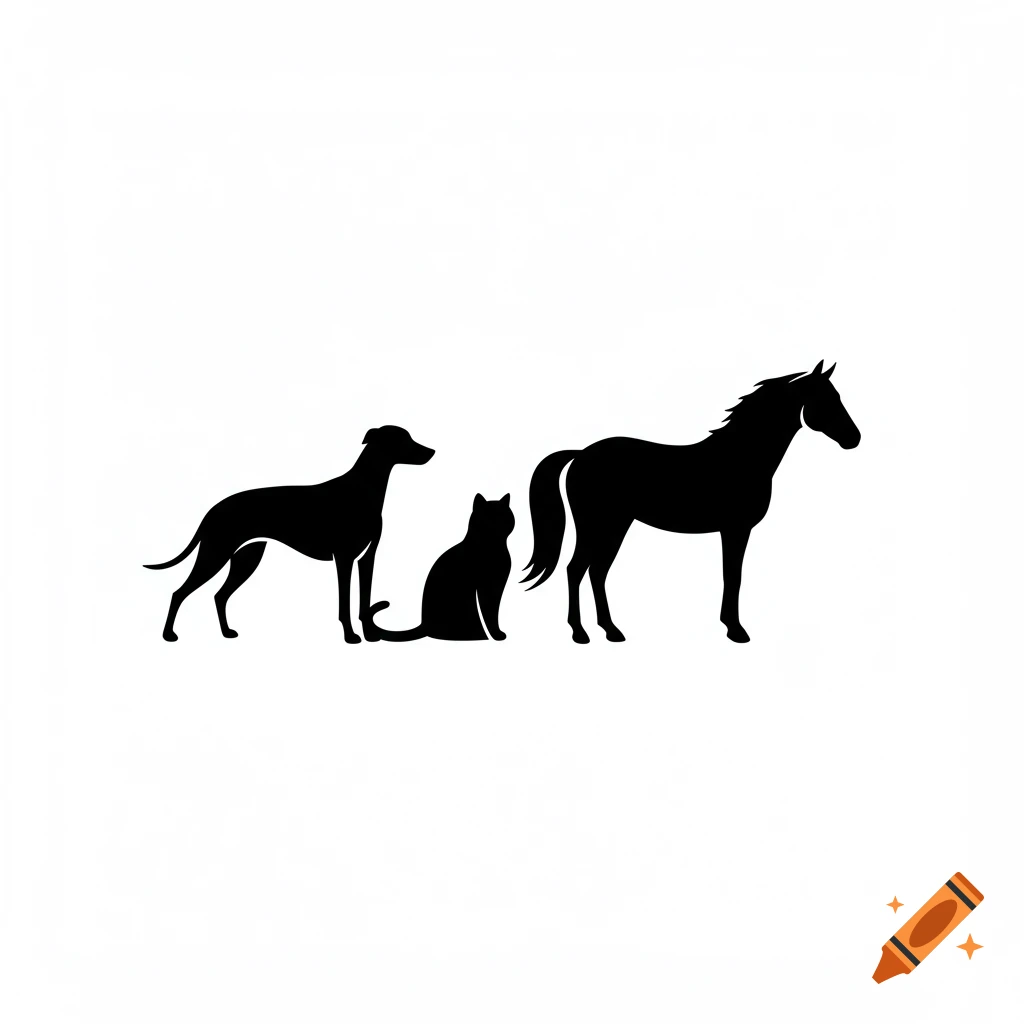 Black and white silhouettes of a dog, cat, and horse.