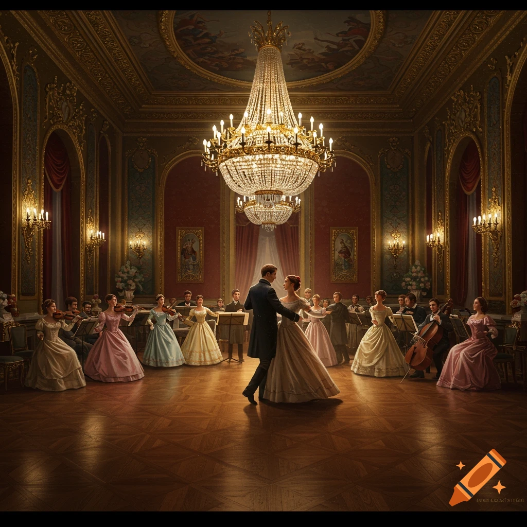 A couple dancing in a grand ballroom with an orchestra.
